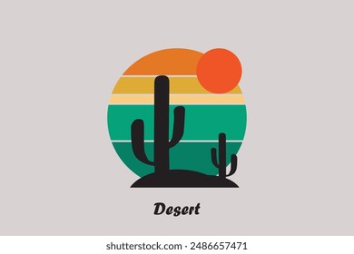 Desert abstract logo, striped desert abstract logo with retro theme, 80s style sunset, tourism, summer and adventure concept.