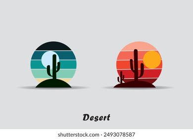 Desert abstract logo, striped desert abstract logo with retro theme, 80s style sunset, tourism, summer and adventure concept.