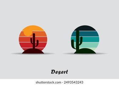 Logo abstracto del desierto, logo abstracto del desierto a rayas con tema retro, atardecer estilo años 80, turismo, verano y concepto de aventura.