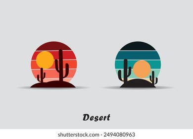 Desert abstract logo, striped desert abstract logo with retro theme, 80s style sunset, tourism, summer and adventure concept.