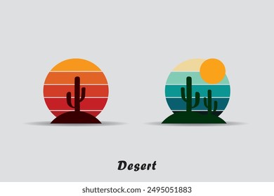 Desert abstract logo, striped desert abstract logo with retro theme, 80s style sunset, tourism, summer and adventure concept.