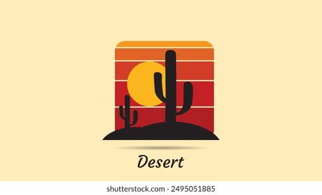 Logo abstracto del desierto, logo abstracto del desierto a rayas con tema retro, atardecer estilo años 80, turismo, verano y concepto de aventura.