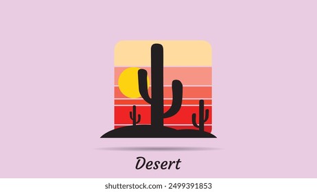 Logotipo abstracto del desierto, logotipo abstracto del desierto rayado con el tema retro, puesta del sol del estilo de los años 80, turismo, verano y concepto de la aventura.