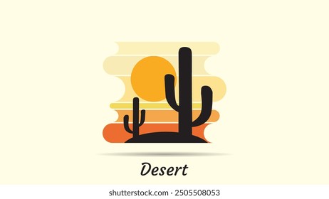 Desert abstract logo, striped desert abstract logo with retro theme, 80s style sunset, tourism, summer and adventure concept.