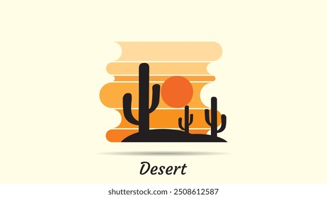 Desert abstract logo, striped desert abstract logo with retro theme, 80s style sunset, tourism, summer and adventure concept.