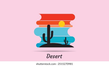 Logotipo abstracto del desierto, logotipo abstracto del desierto rayado con el tema retro, puesta del sol del estilo de los años 80, turismo, verano y concepto de la aventura.