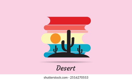 Logotipo abstracto del desierto, logotipo abstracto del desierto rayado con el tema retro, puesta del sol del estilo de los años 80, turismo, verano y concepto de la aventura.