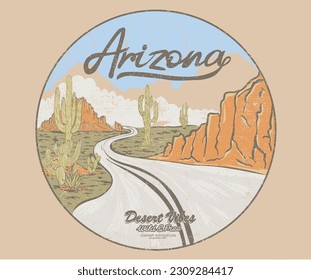 Aventura del desierto. Diseño vectorial del viaje por carretera del desierto de Arizona para el diseño de camping de camisetas. Cactus salvaje.  