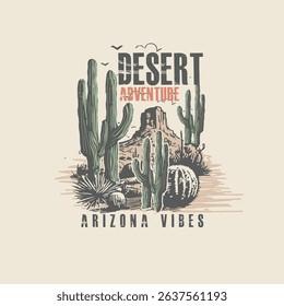 Desert Adventure Arizona Vibes Cactus retro Vector graphic illustration