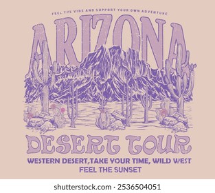 Desert adventure art. Arizona vintage print design for t shirt. Feel the heat. Desert vibes with mountain artwork. Arizona desert graphic print artwork. Cactus graphic t shirt design.