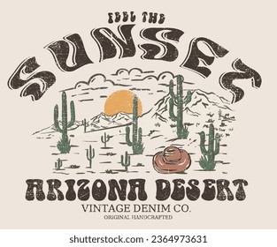 Desert adventure. Feel the sunset. Mountain artwork. Vintage cactus wild adventure. Arizona desert vibes graphic print artwork for apparel, t shirt, sticker, poster, wallpaper and others. Cowboy hat.