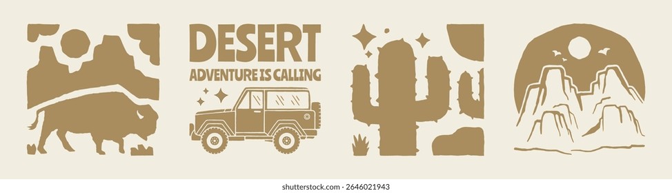 Desert adventure graphics with wild west flair featuring cactus, bison, off road car, and rocky landscapes in vintage silhouette style.