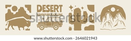 Desert adventure graphics with wild west flair featuring cactus, bison, off road car, and rocky landscapes in vintage silhouette style.