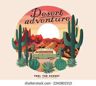 Desert adventure retro print deign for t-shirt. Cactus vector design. Sunset time at desert. Desert road trip by car.