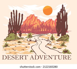 Desert adventure vector print design for t shirt, sticker and others.