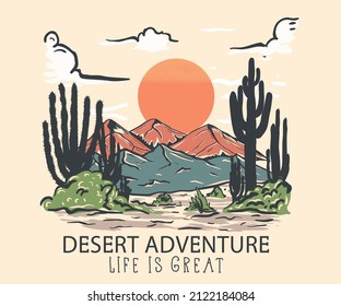 Desert adventure vector print design for t shirt, sticker and others. Cactus wild artwork design.