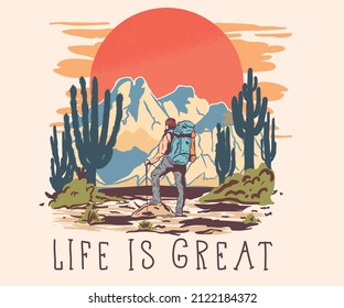 Diseño de impresión vectorial de aventura del desierto para camisetas, pegatinas y otros. Diseño de arte salvaje de Cactus.