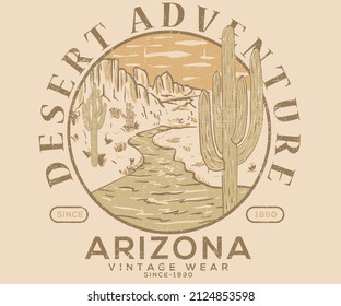 Desert adventure vintage print deign for t shirt, poster, batch, and others.