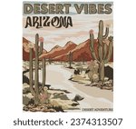 Desert adventure vintage print design for t shirt and others. Arizona national park graphic artwork for sticker, poster, background. Mountain with cactus flower artwork. Camo art.