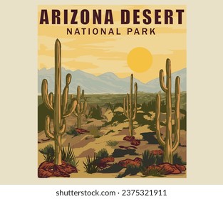 Desert adventure vintage print design for t shirt and others. Arizona national park graphic artwork for sticker, poster, background. Mountain artwork.