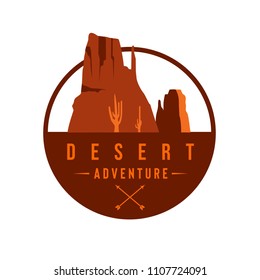 Desert adventures logo in circle with rocky mountains cactus, suit for marketing materials, tourism organizations, outdoor events and camping leisure