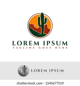 Desert adventures logo in circle with rocky mountains cactus, suit for marketing materials, tourism organizations, outdoor events and camping leisure