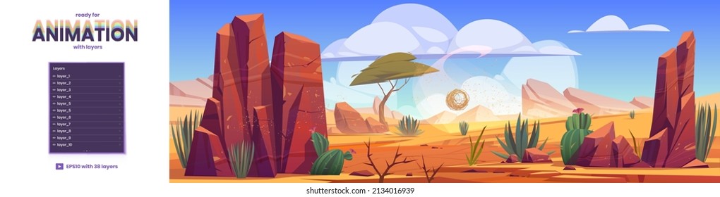 Desert of Africa natural background with layers ready for 2d game animation. African nature landscape tumbleweed rolling along hot dry deserted land with sand, cacti and rocks, Cartoon illustration