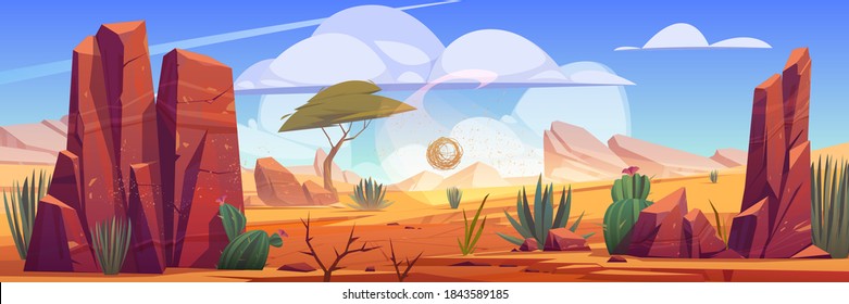 Desert of Africa natural background with tumbleweed rolling along hot dry deserted african nature landscape with yellow sand, green cacti, rocks under blue sky with light clouds cartoon illustration