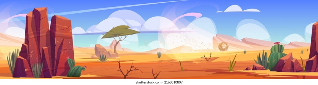 Desert of Africa natural landscape, african panoramic background with tumbleweed rolling along hot dry deserted nature with yellow sand, cacti, rocks under blue sky with clouds, Cartoon illustration