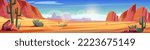 Desert of Africa or Wild West Arizona natural landscape. Cartoon panoramic background, game location with yellow sand, cacti, rocks under blue sky with clouds, vector illustration