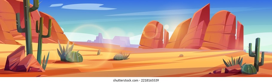 Desert of Africa or Wild West Arizona natural landscape. Cartoon panoramic background, game location with yellow sand, cacti, rocks under blue sky with clouds, vector illustration