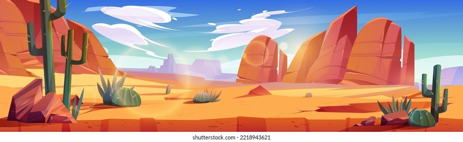 El desierto de África o el salvaje paisaje natural del oeste de Arizona. Fondo panorámico de dibujos animados, ubicación del juego con sección transversal terrestre, arena amarilla, cactus, rocas bajo cielo azul con nubes, ilustración vectorial