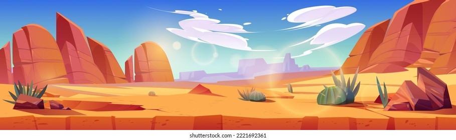 Desert of Africa or Wild West Arizona natural landscape. Cartoon panoramic background, game location with land cross section, yellow sand, cacti, rocks under blue sky with clouds, vector illustration