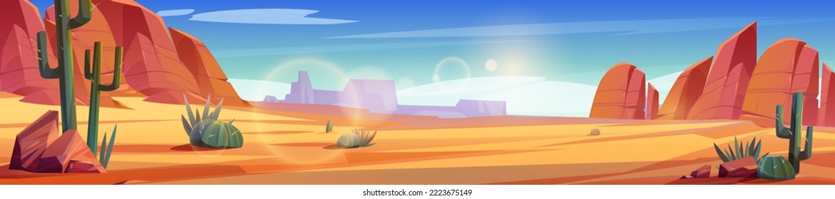 Desert of Africa or Wild West Arizona natural landscape. Cartoon panoramic background, game location with yellow sand, cacti, rocks under blue sky with clouds, vector illustration