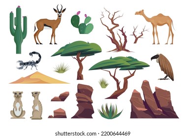 Desert animal set with isolated icons of sands cacti bushes trees wild animals bird and scorpio vector illustration