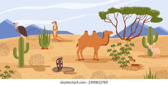 Desert animals and birds on sandy dunes with cactus landscape. Cartoon camel, fennec, cobra, scorpion and vulture. Exotic wild mammal, different tropical habitants