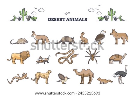 Desert animals collection with hot environment habitat species outline set. Zoo wildlife with mammals, reptile and birds with warm and dry climate adaption vector illustration. Zoology group division.