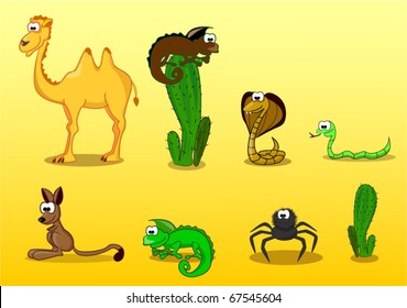 desert animals including  camel, lizard, spider, coney, cactus, snake, cobra