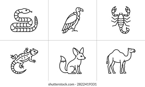 Desert Animals Line Art Icons Snake Vulture Scorpion Lizard Fox Camel