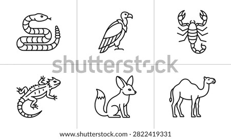 Desert Animals Line Art Icons Snake Vulture Scorpion Lizard Fox Camel