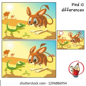 Desert animals. Lizard, jerboa and camels.  Find 10 differences. Educational matching game for children. Cartoon vector illustration