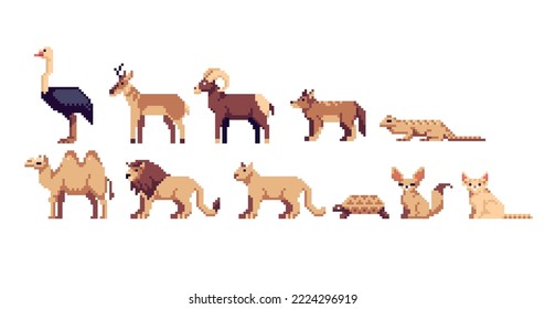 Desert Animals pixel art set. Safari wildlife collection. Savanna species. 8 bit sprite. Game development, mobile app.  Isolated vector illustration.