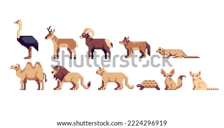 Desert Animals pixel art set. Safari wildlife collection. Savanna species. 8 bit sprite. Game development, mobile app.  Isolated vector illustration.