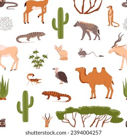 Desert animals and plants seamless pattern. Flora and fauna of sands ornament. Vector illustration design for textile, fabric, background, wrapping paper.