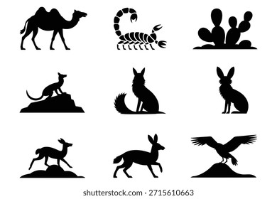 Desert animals and plants silhouettes camel scorpion