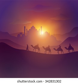 Desert Arabic Landscape Illustration With Mosque Arabian And Camel For Islamic Banner Background