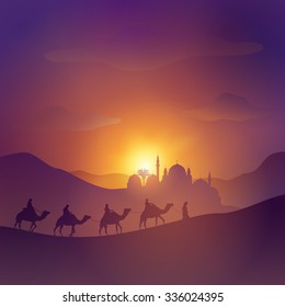 Desert Arabic Landscape With Mosque Arabian And Camel For Islamic Banner Background