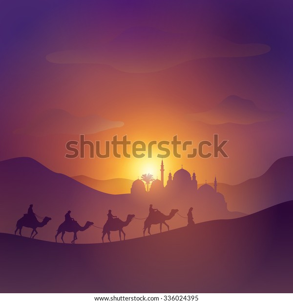 イスラム教のバナー背景に砂漠のアラビア風景とモスクのアラビア人とラクダ のベクター画像素材 ロイヤリティフリー