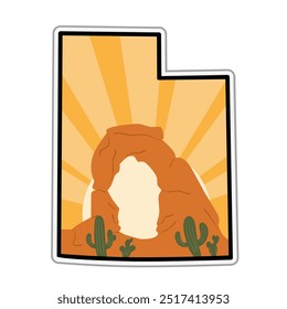 Ilustração do Arco do Deserto no Contorno do Estado de Utah com Raios Cactos e Sol