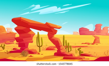 Desert arch on natural background of hot desert landscape with yellow sand and dry tumbleweed, red mountains, blue sky with light clouds and green cacti, wild west cartoon banner